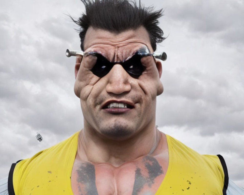 Man with Exaggerated Facial Features in Yellow Tank Top and Sunglasses