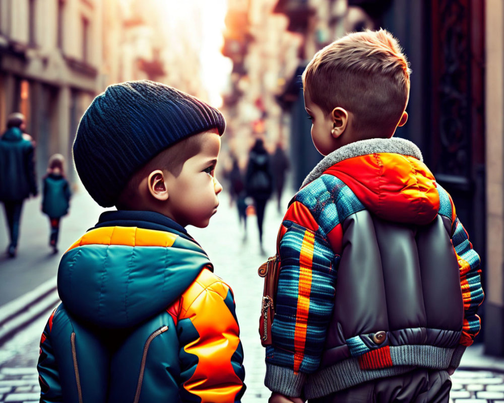 Two young boys in colorful jackets and hats on city street.