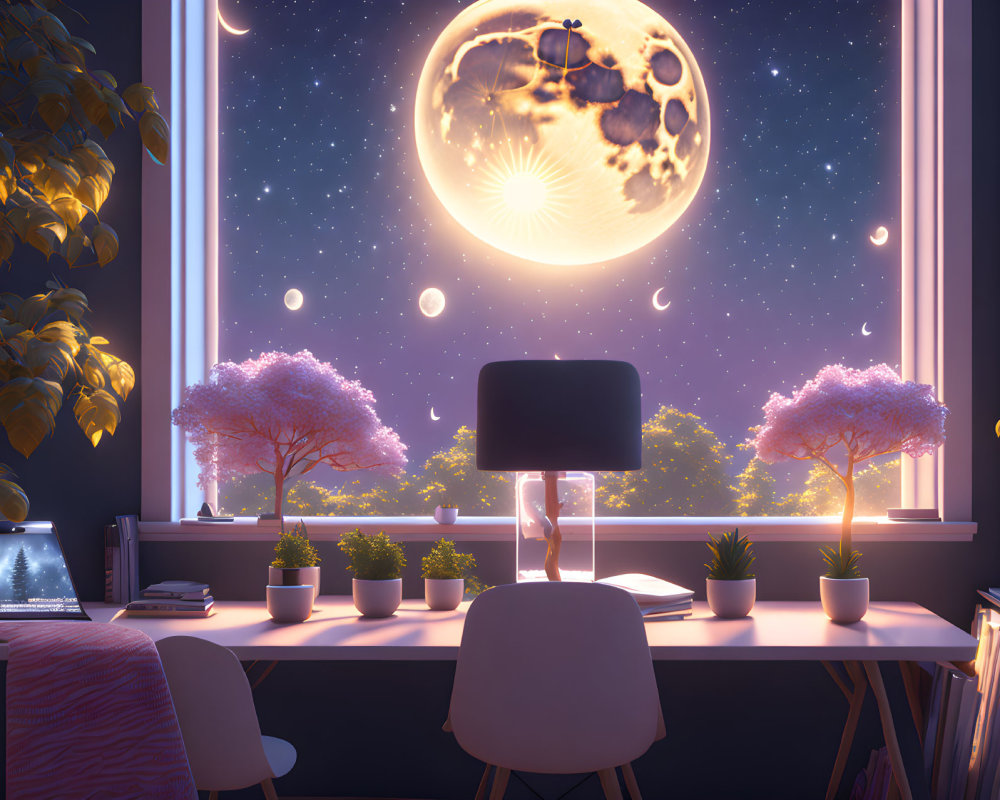 Cosmic-themed computer monitor workspace with moon and stars view