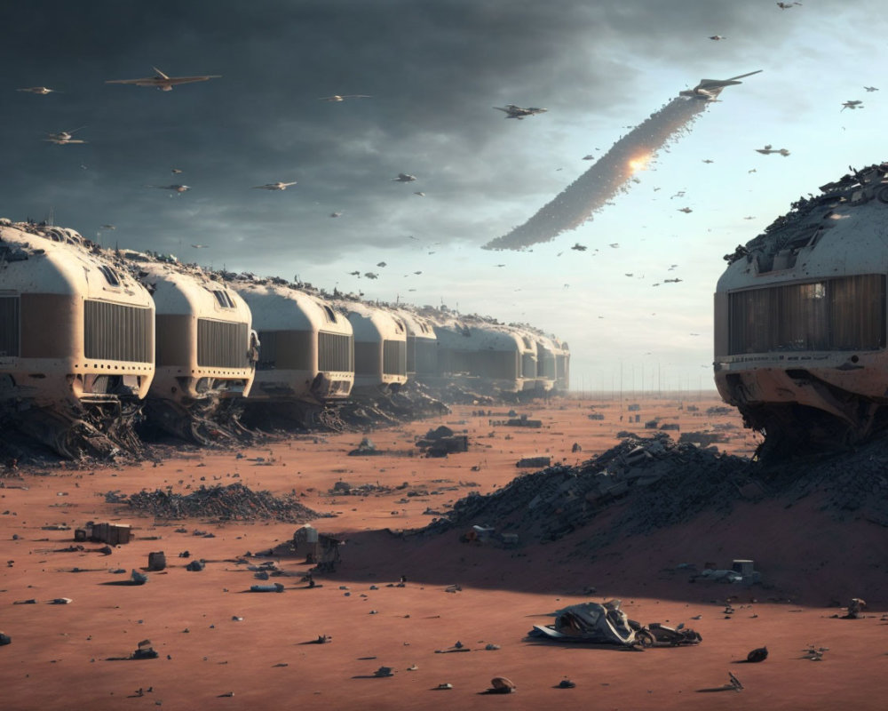 Futuristic trains on red landscape with descending spaceship