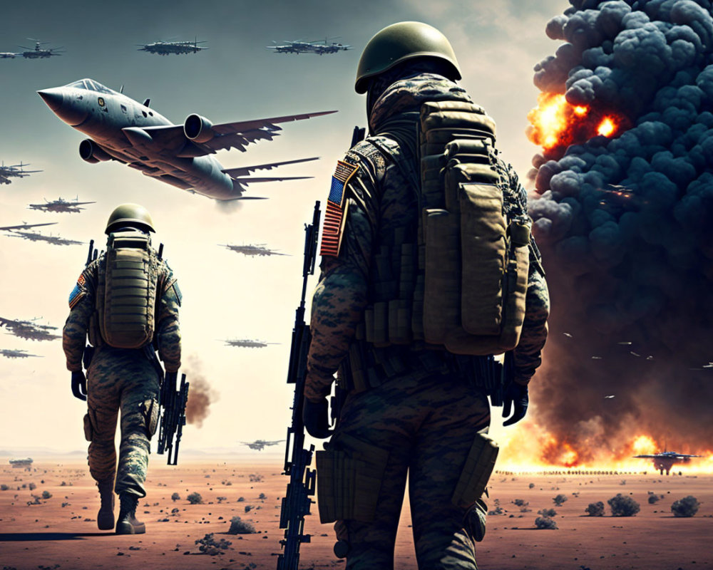 Soldiers in combat gear watching fighter jet and explosion on desert battlefield