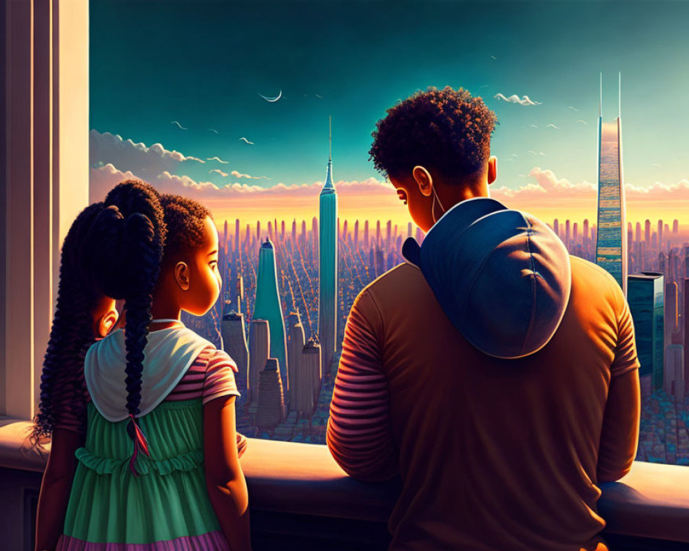 Futuristic cityscape at sunset with two people viewing skyscrapers