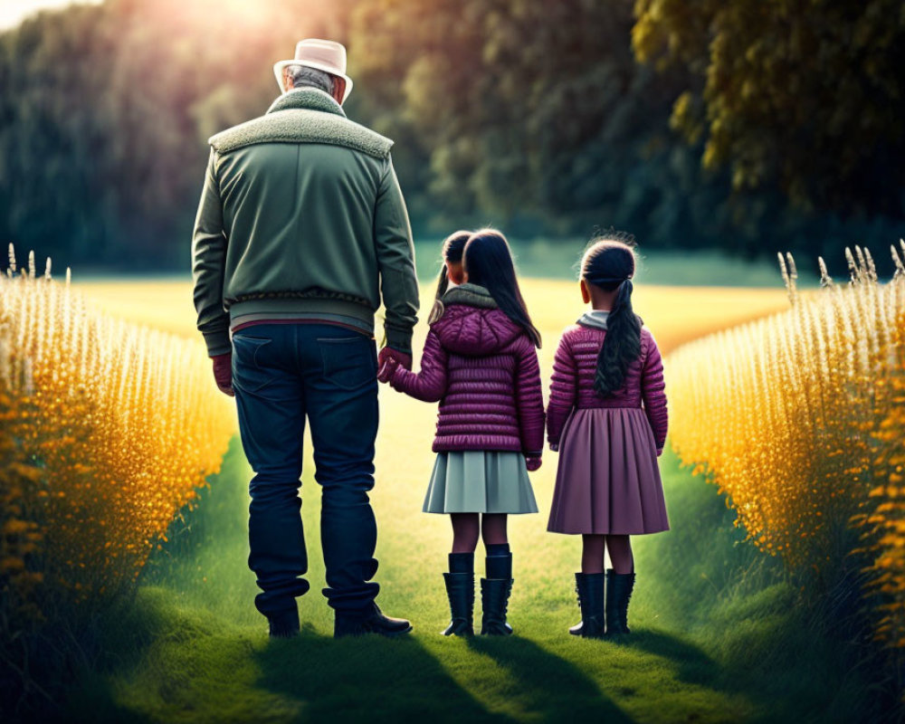 Adult and two children holding hands in field at sunset