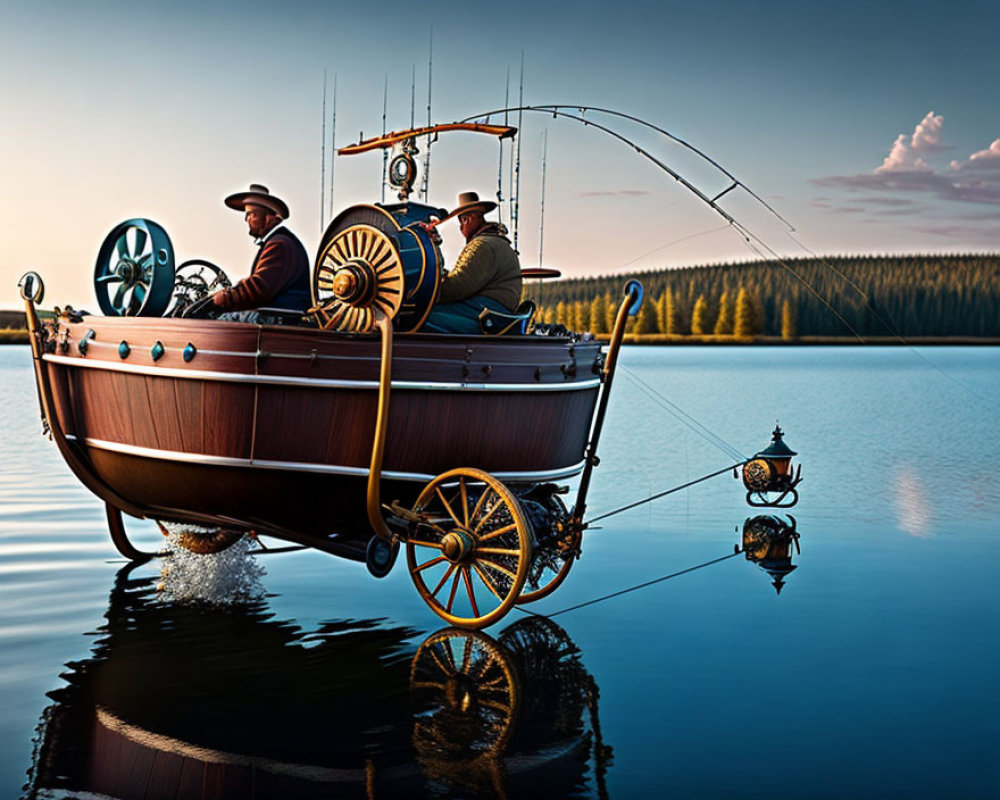 Vintage attire duo in hybrid boat-car fishing at sunset
