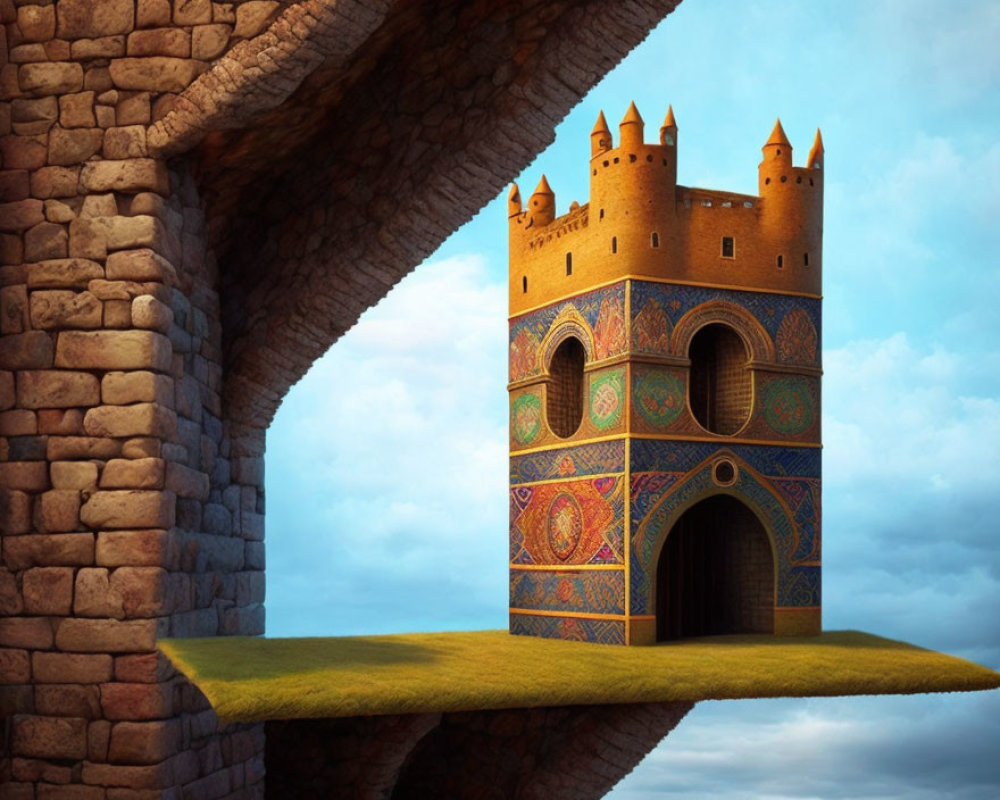 Colorful ornate castle on grassy platform in stone arch cavern.