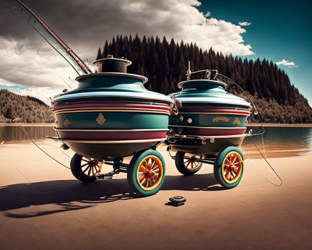 Stylized vintage teapots on wheels by the lakeshore