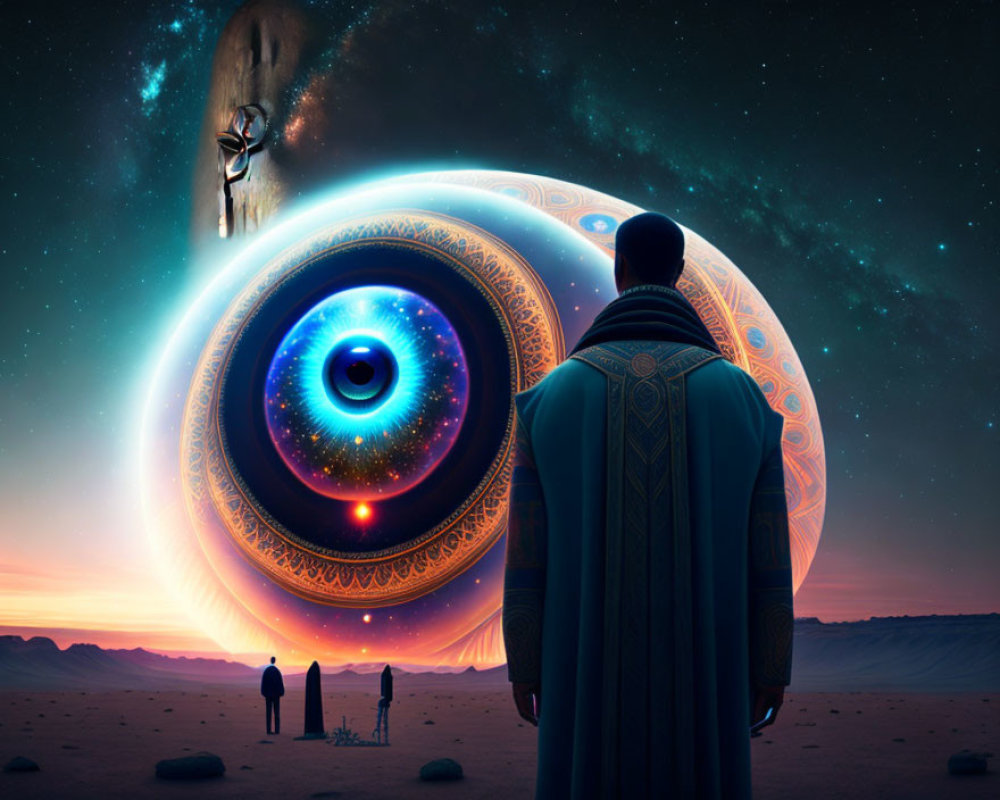 Cloaked figure gazes at giant eye in desert landscape