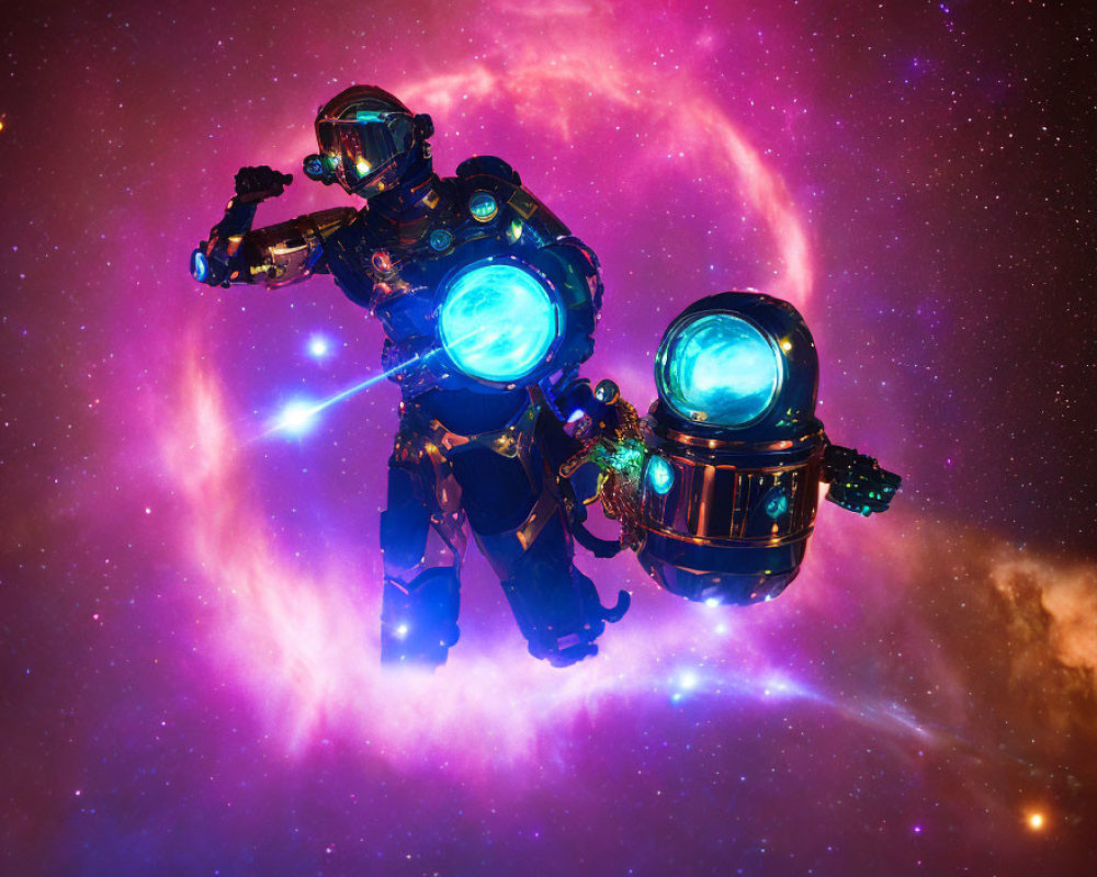 Futuristic astronauts in advanced suits floating in vibrant space nebula