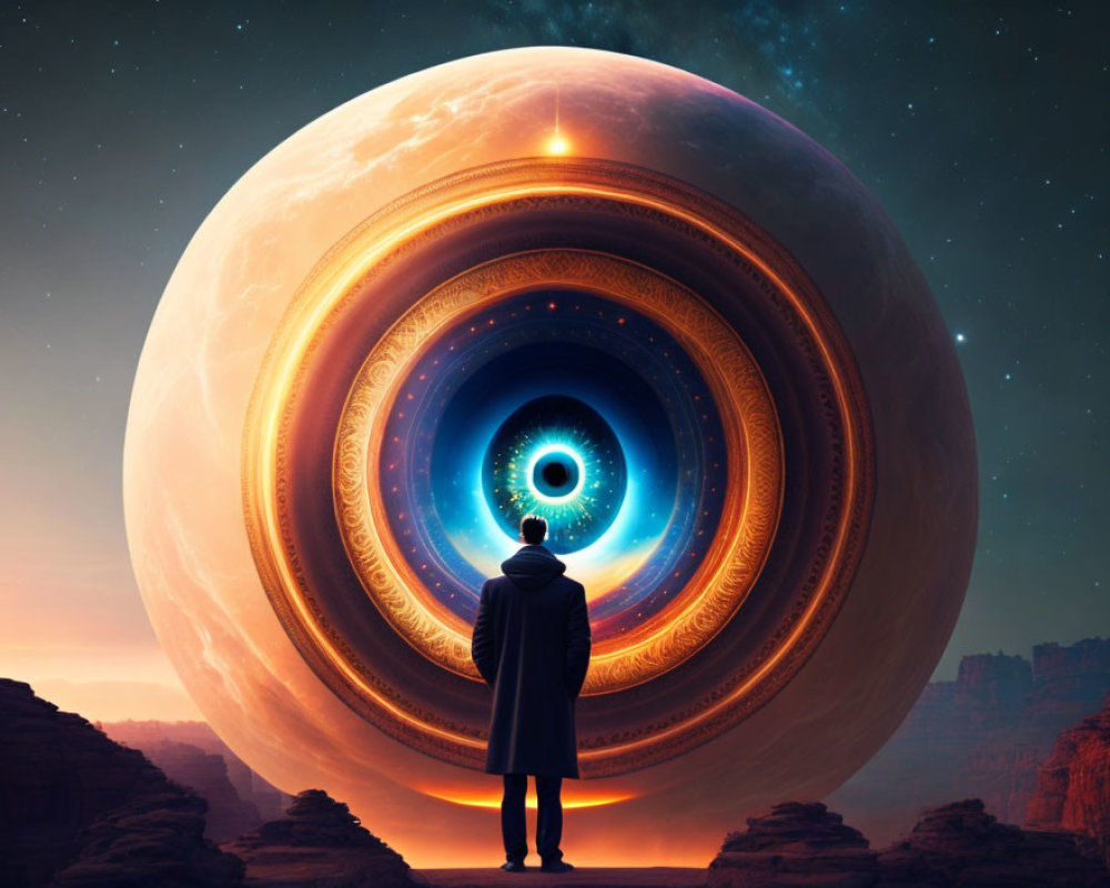 Surreal gate shaped like giant eye in desert landscape