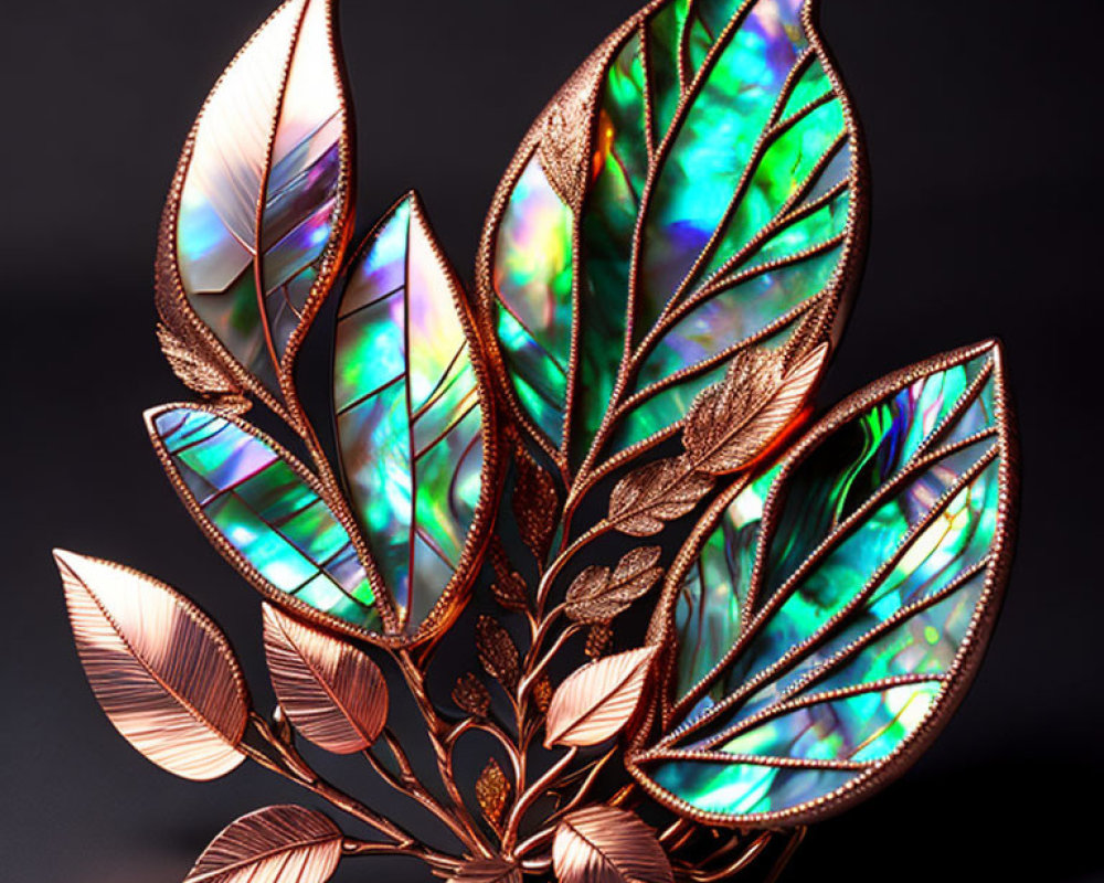 Elegant Art Nouveau Metal Plant Sculpture with Abalone Leaves