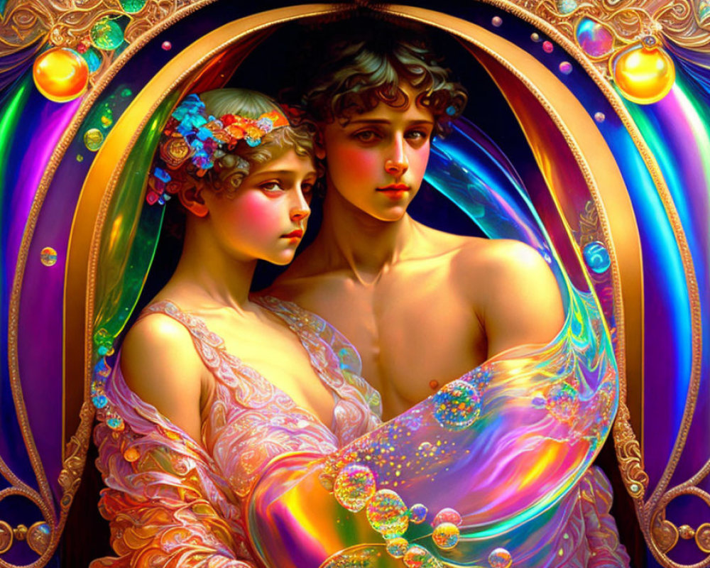 Digital Artwork: Ethereal Figures Embraced in Floral Accents