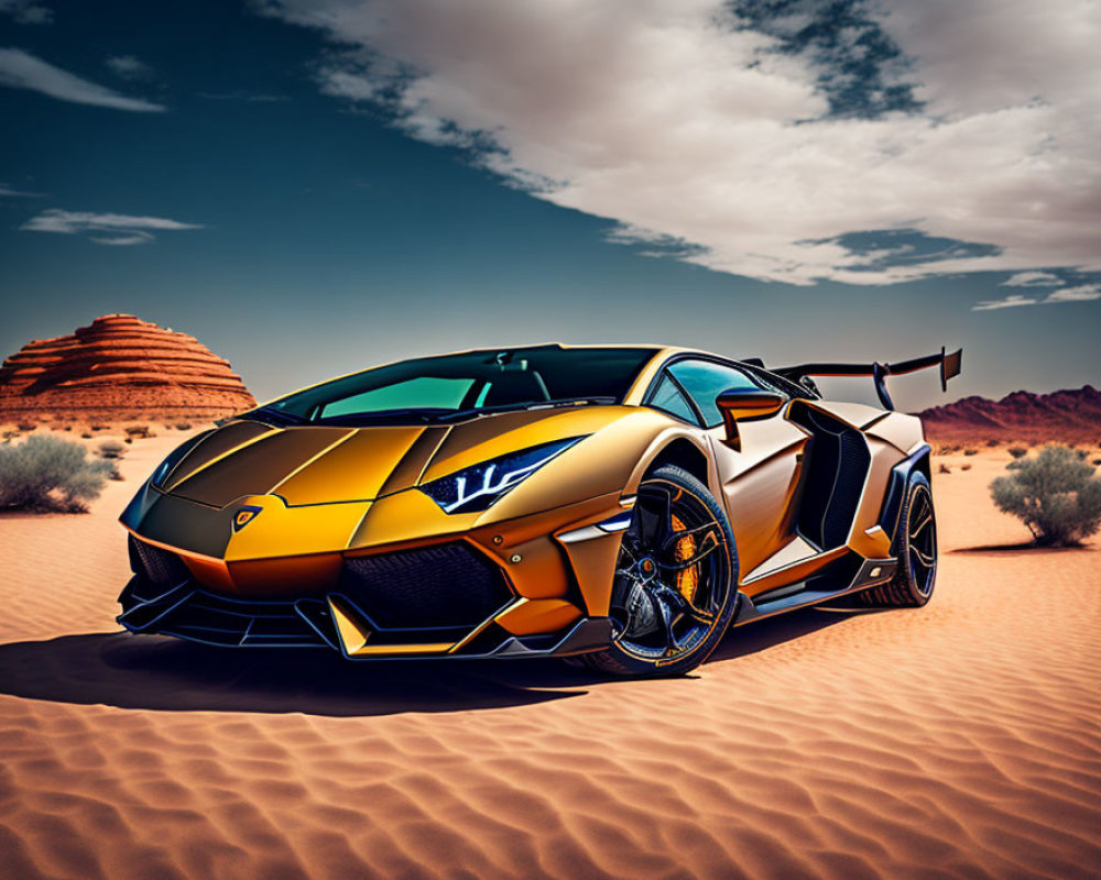 Shiny gold Lamborghini on desert sands with black accents