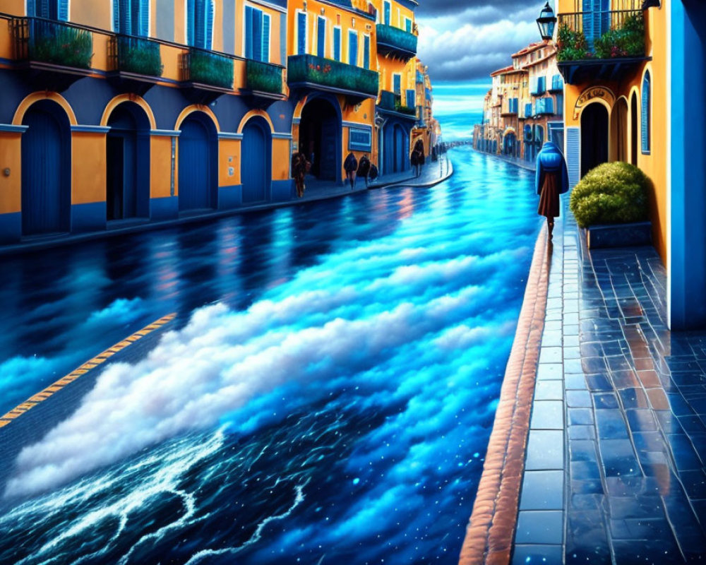 Vibrant street merges with blue river under dramatic sky