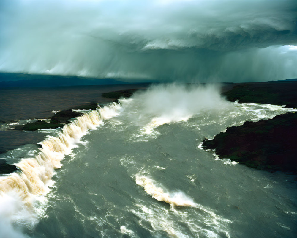 Majestic waterfall in dark terrain under dramatic sky