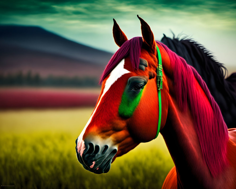 Vibrant digital artwork: red-faced horse in green landscape