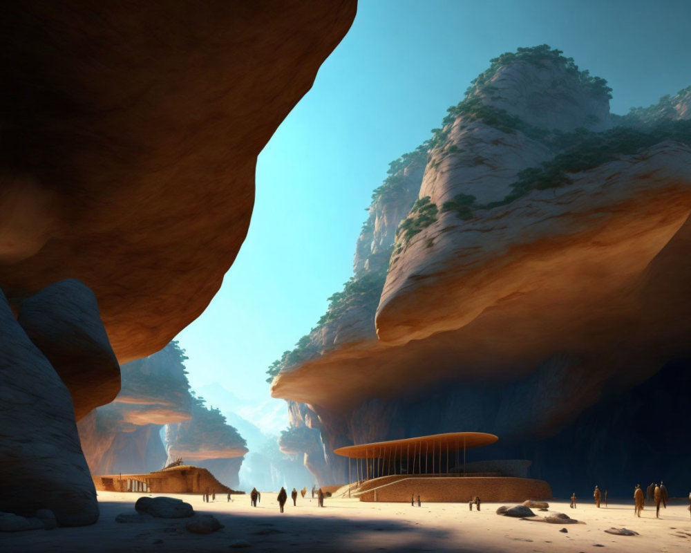 Circular futuristic building in vast canyon with towering rock formations
