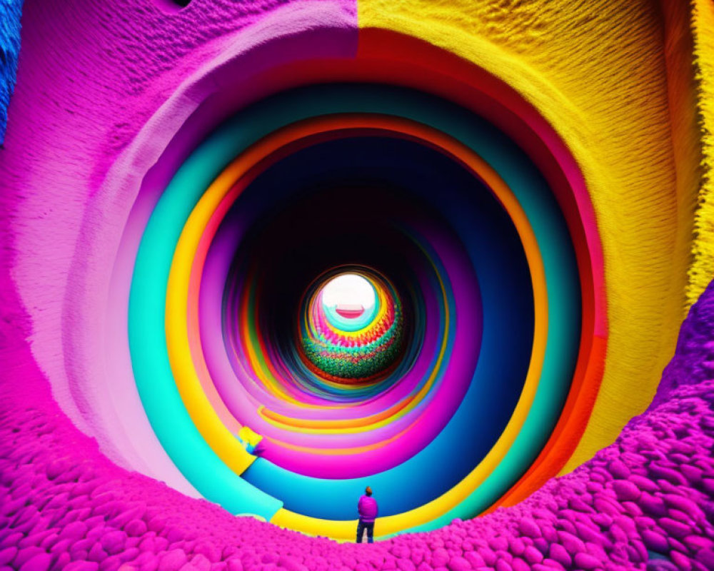 Colorful Psychedelic Tunnel with Concentric Circles and Person
