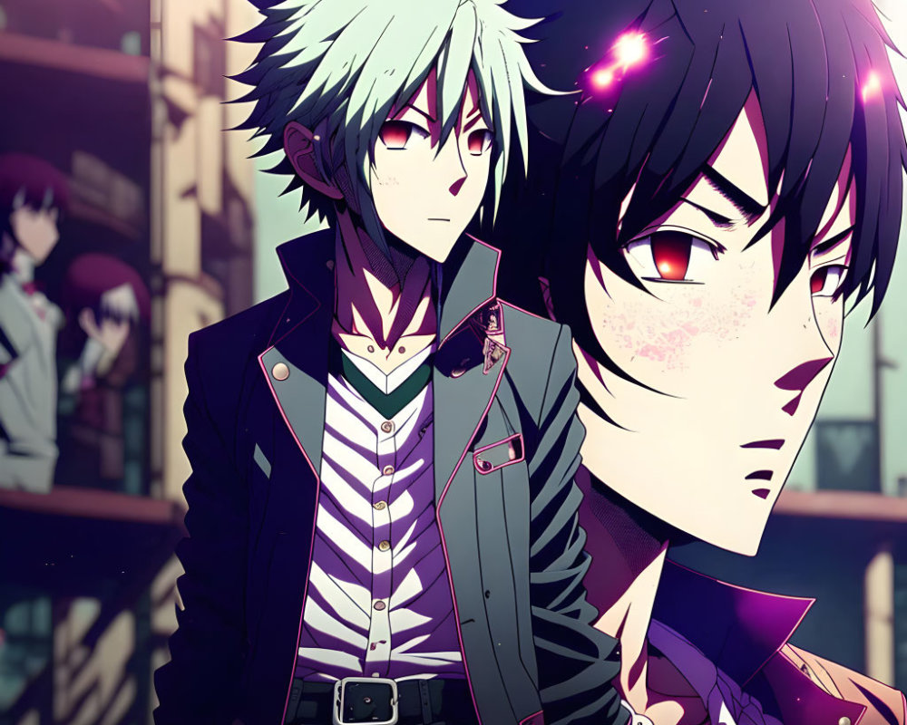 Anime male characters with distinct hair colors in school setting.