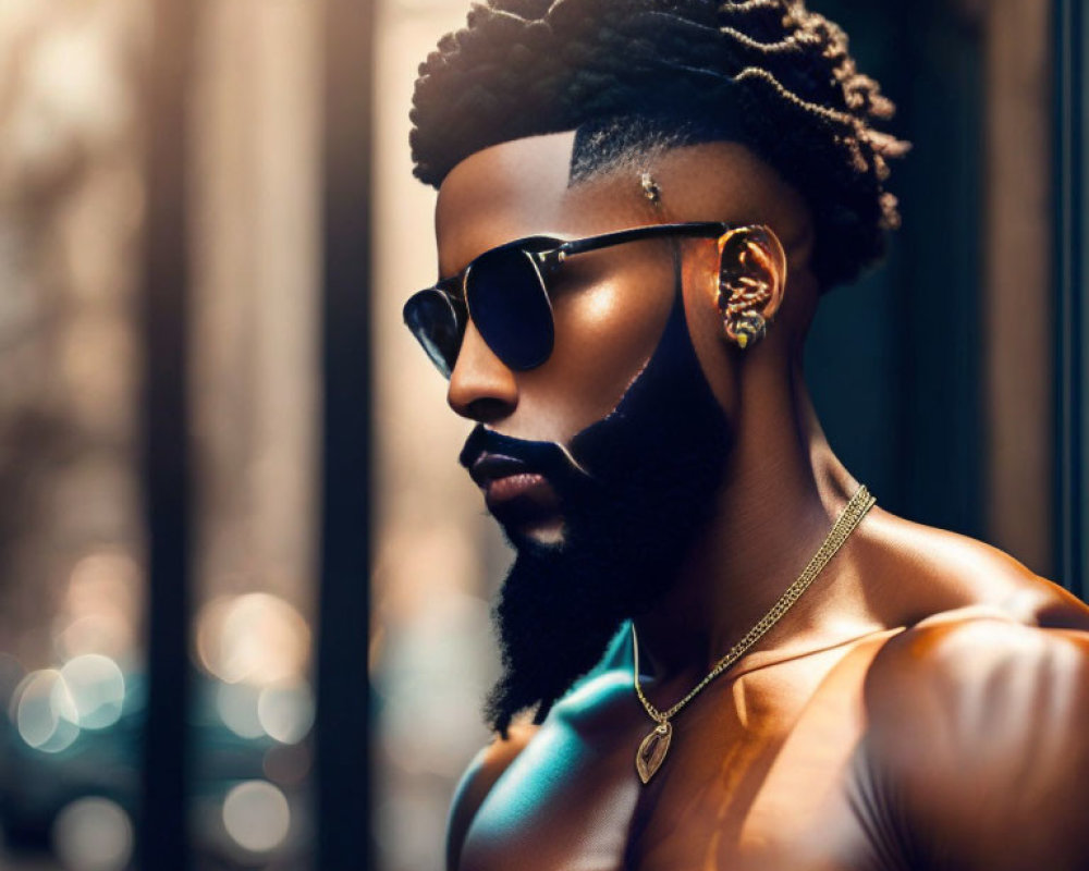 Fashionable man with sculpted beard, sunglasses, golden earrings, and artistic hairstyle in urban setting.