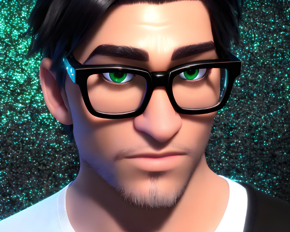 Stylized male character with green eyes and glasses on blue background