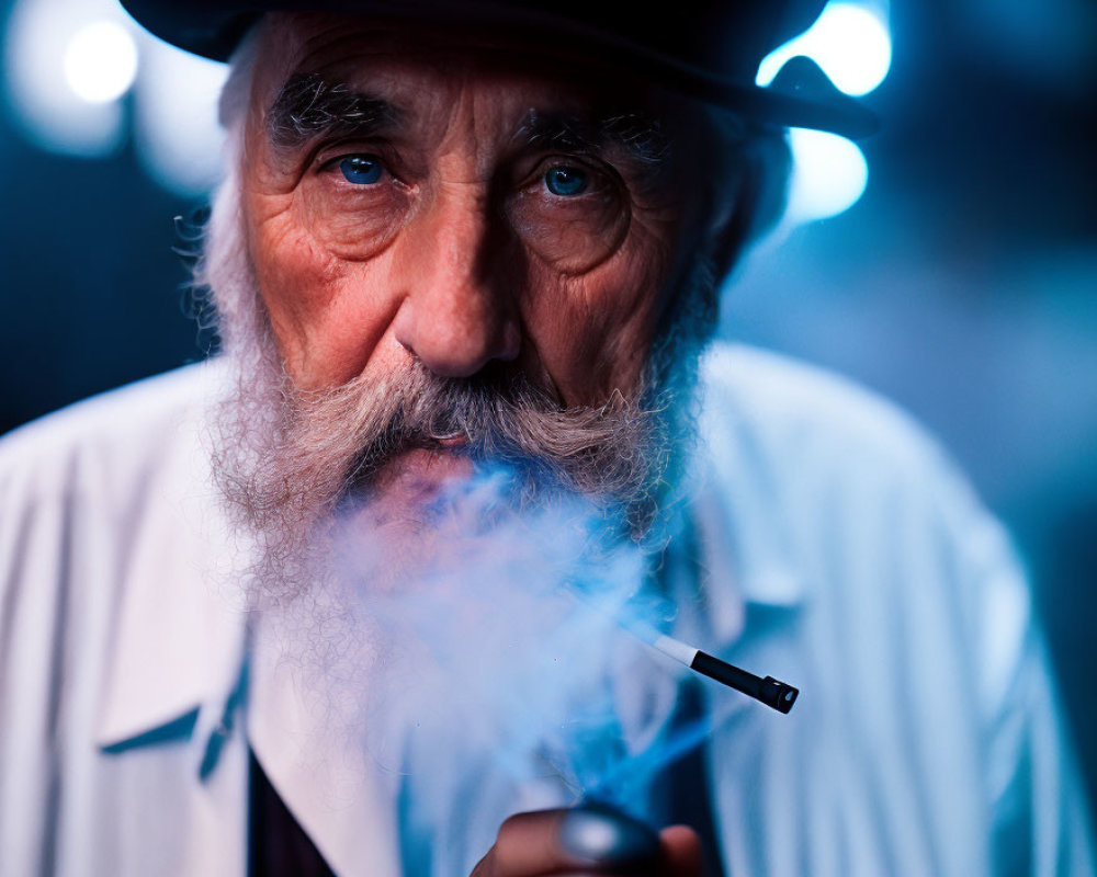 Elderly man with white beard smoking cigarette in blue lighting