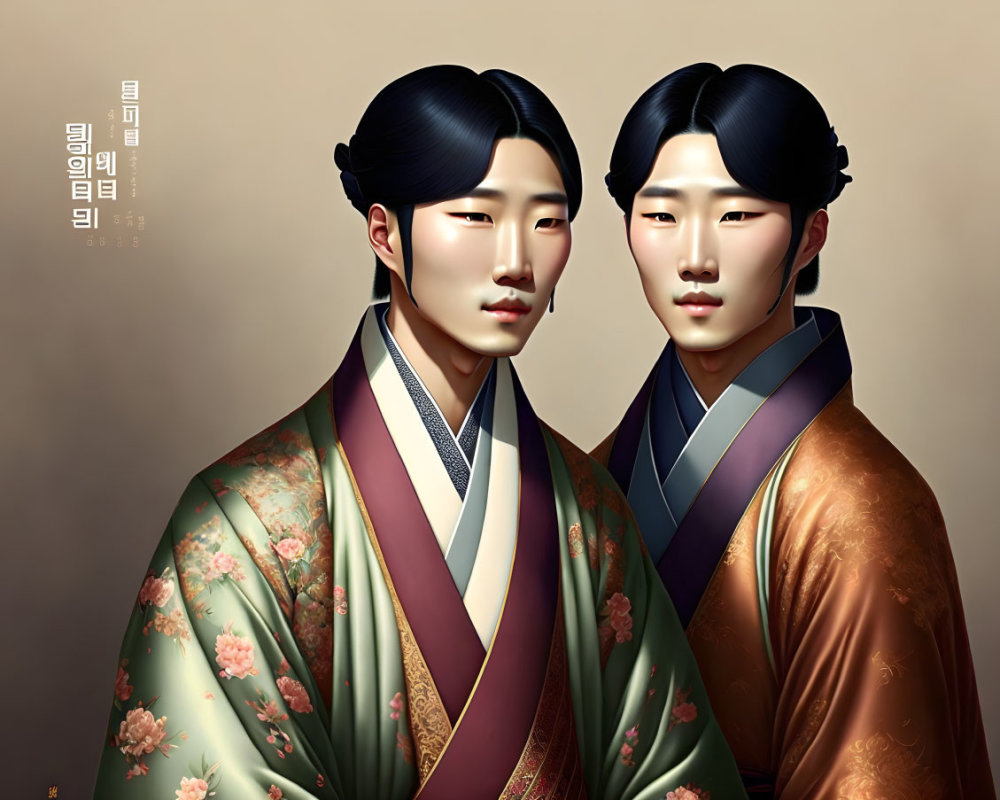 Traditional Korean Hanbok Illustration with Vibrant Floral Patterns