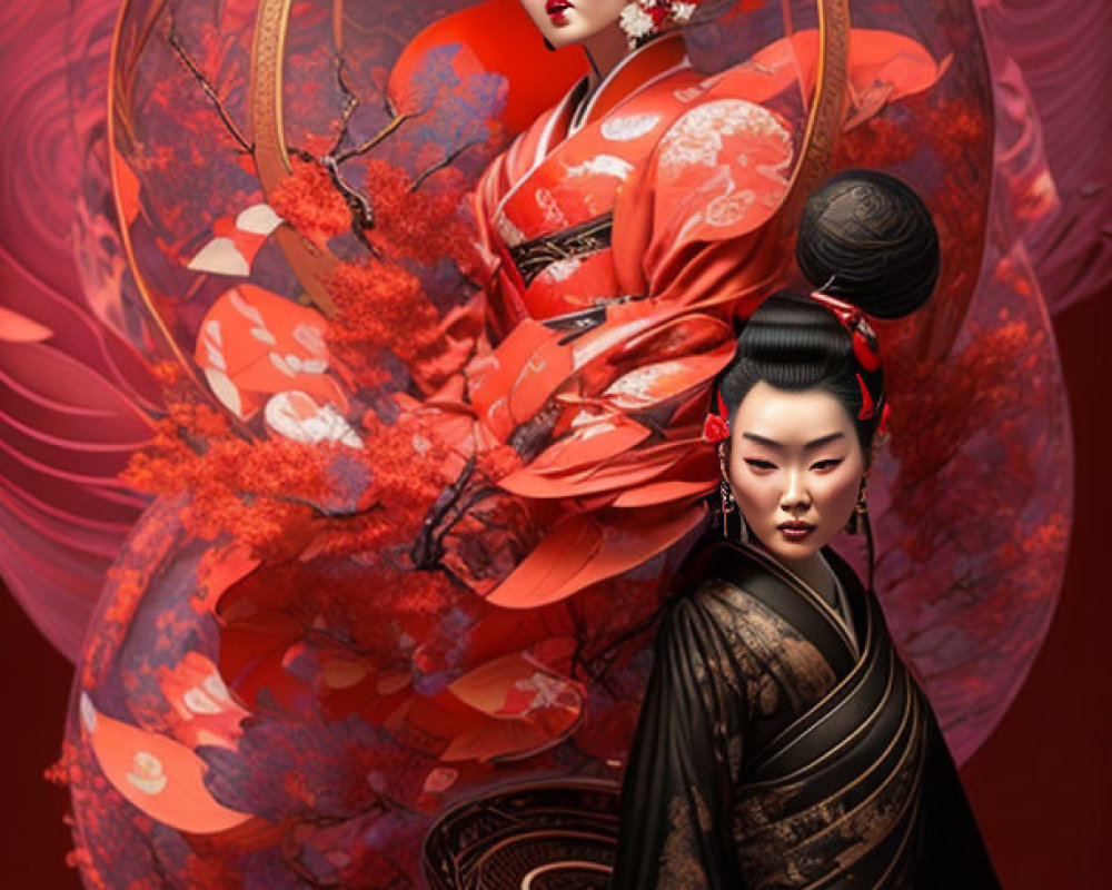 Traditional Geisha attire: Two women with intricate hairstyles and makeup against red and gold floral backdrop.