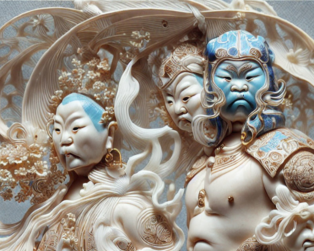 Detailed Ivory Carvings of Asian Mythological Characters