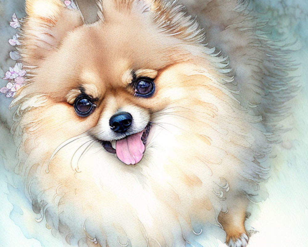 Fluffy Pomeranian Dog with Light Brown Fur and Cherry Blossoms