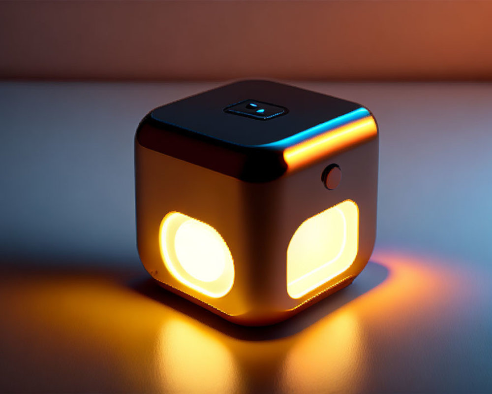 Cube-shaped Speaker with Illuminated Eyes and Ambient Light on Table