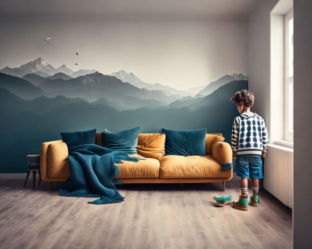 Child in Striped Sweater Stands by Mountain Wall Mural in Room