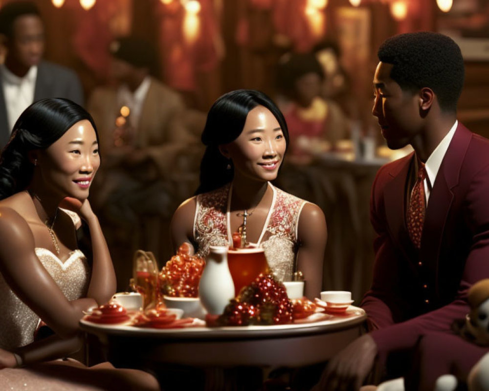 Elegant Women and Man in Vintage Restaurant Setting