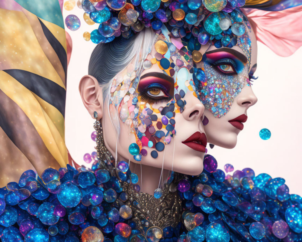Vibrant avant-garde makeup and costumes with multicolored orbs
