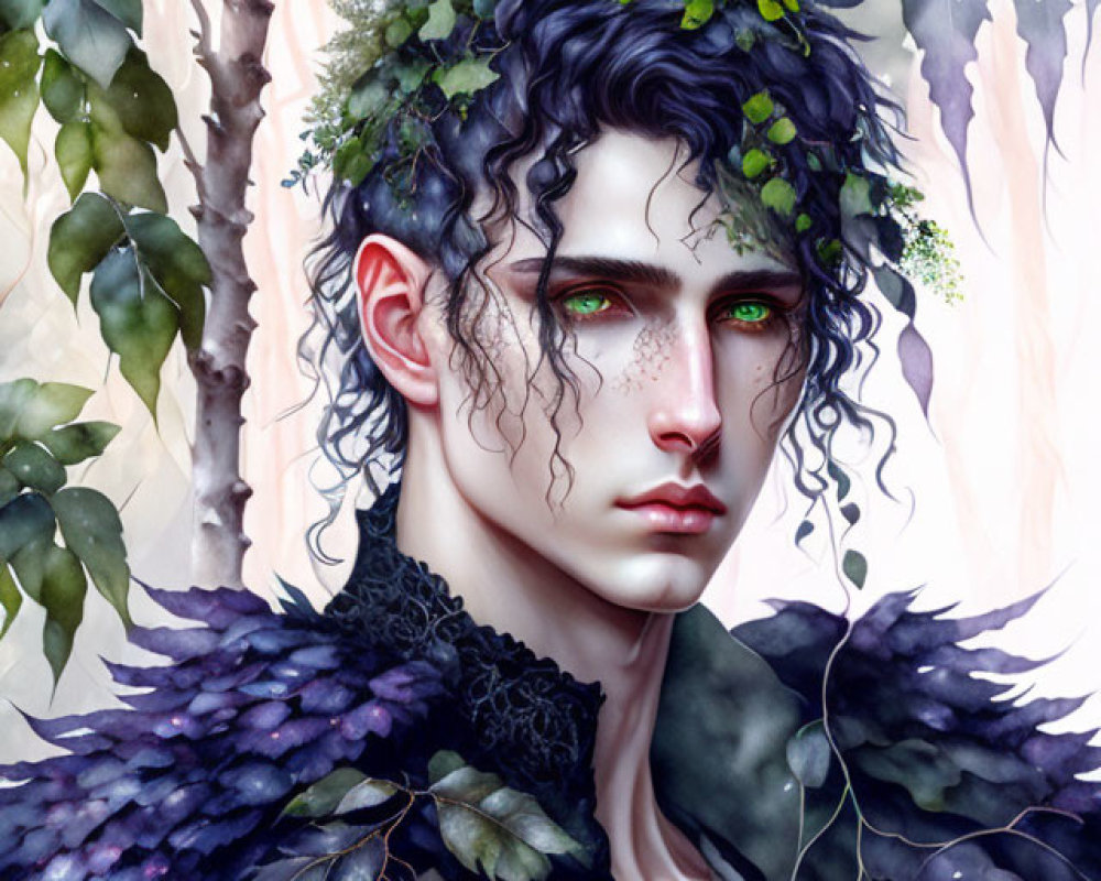 Portrait of person with green eyes, leaf crown, curly hair, and feathered shoulders in mystical forest