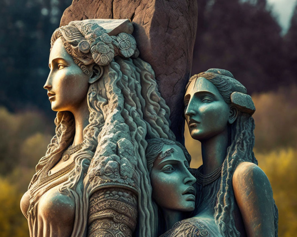 Detailed sculpture of three women's profile faces with classical hairstyles and decorative elements against blurred background