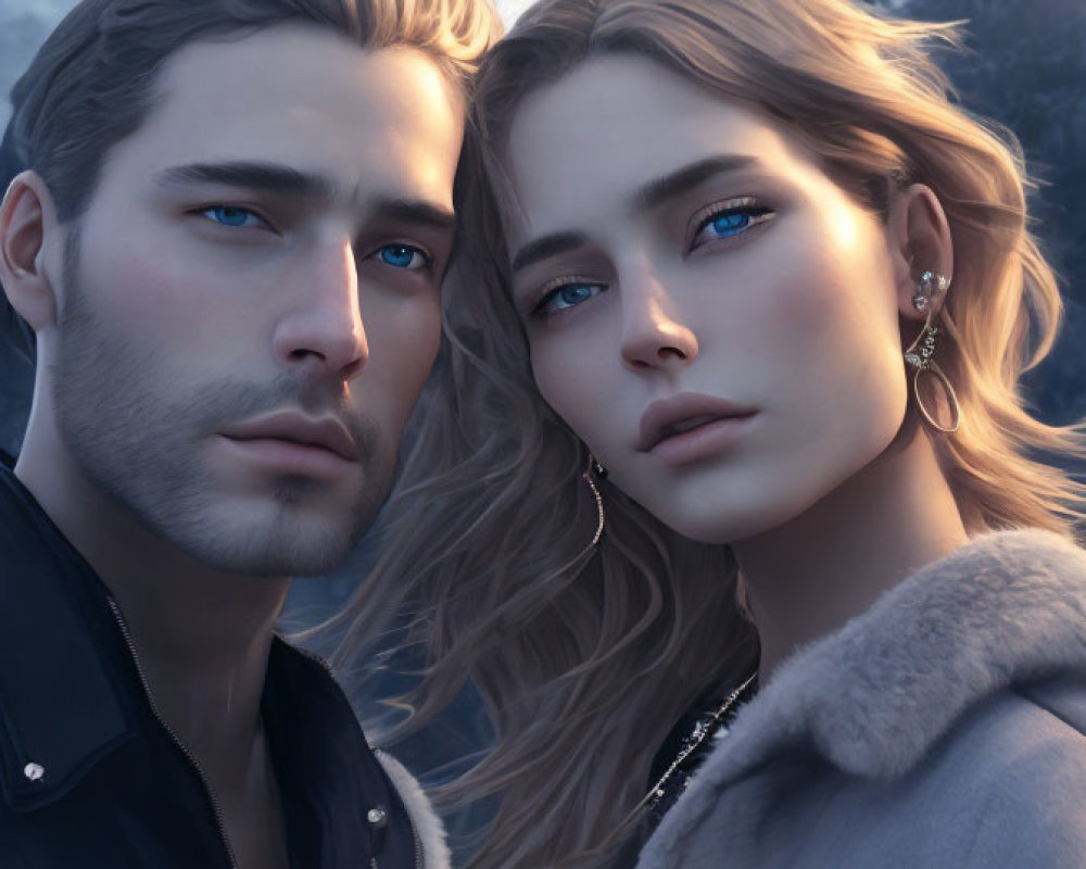 Realistic animated characters with blue eyes and blond hair pose against snowy mountain.