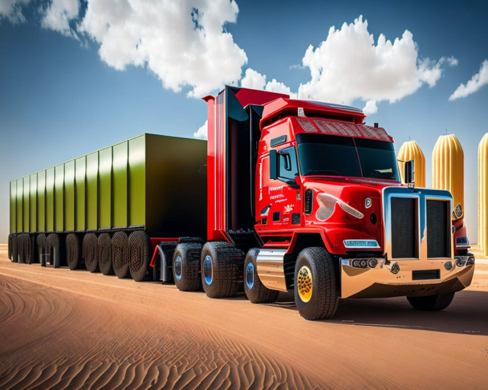Red Semi-Truck with Green Trailer Parked on Sand with Yellow Tanks and Blue Sky