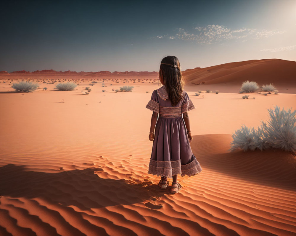 Young girl in purple dress on desert sand dunes under warm sky