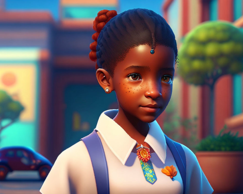 Digital artwork of young girl with braided hair in school uniform and urban background