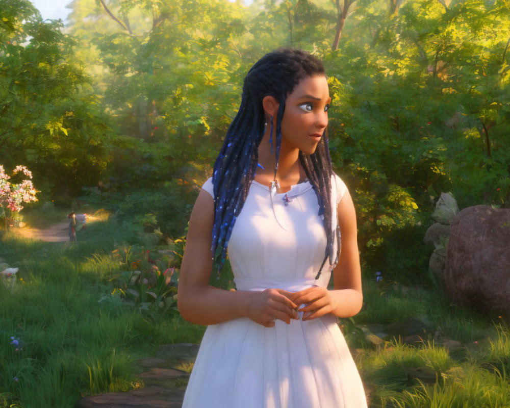 3D animated young woman with blue-tipped braids in white dress in sunlit forest