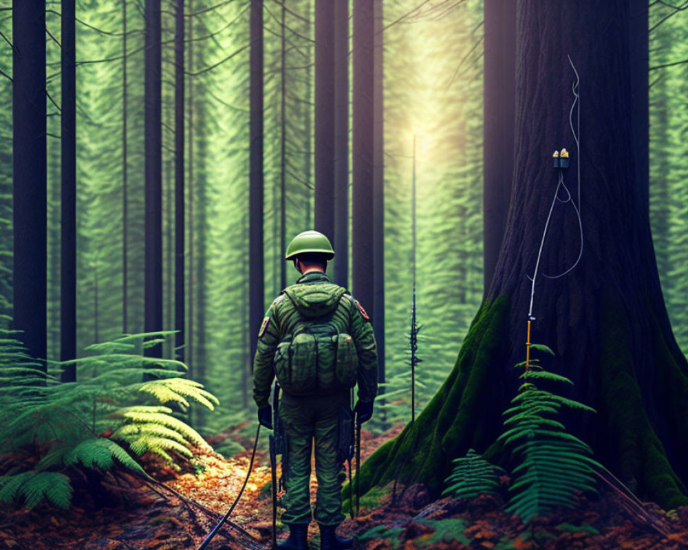 Person in helmet and backpack in dense forest with tall trees and ferns observing light beam.