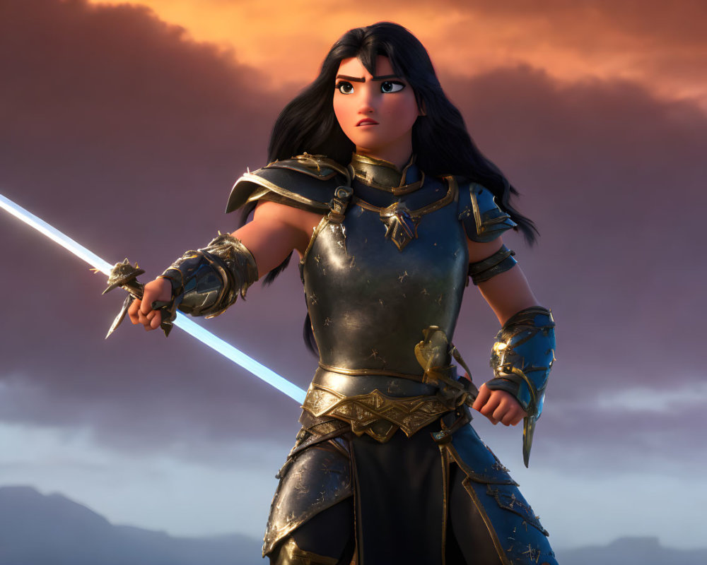 Female warrior with glowing sword in detailed armor at dusk