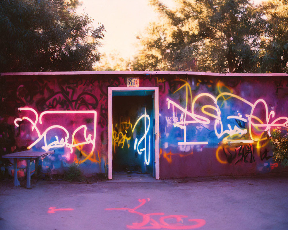 Graffiti-covered urban scene in warm sunlight