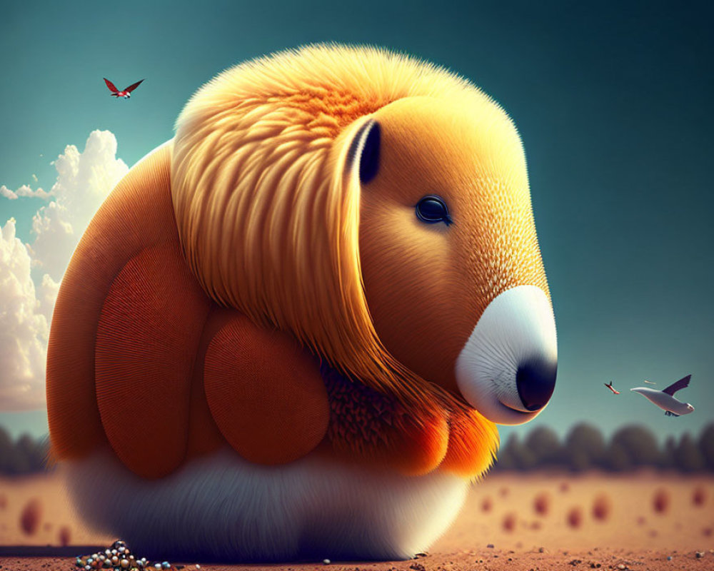 Golden-furred creature in serene twilight setting with flying birds