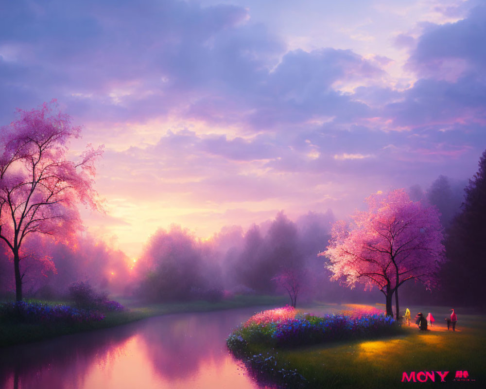 Tranquil riverside scene with people, blooming trees, and colorful flowers under a purple sunset