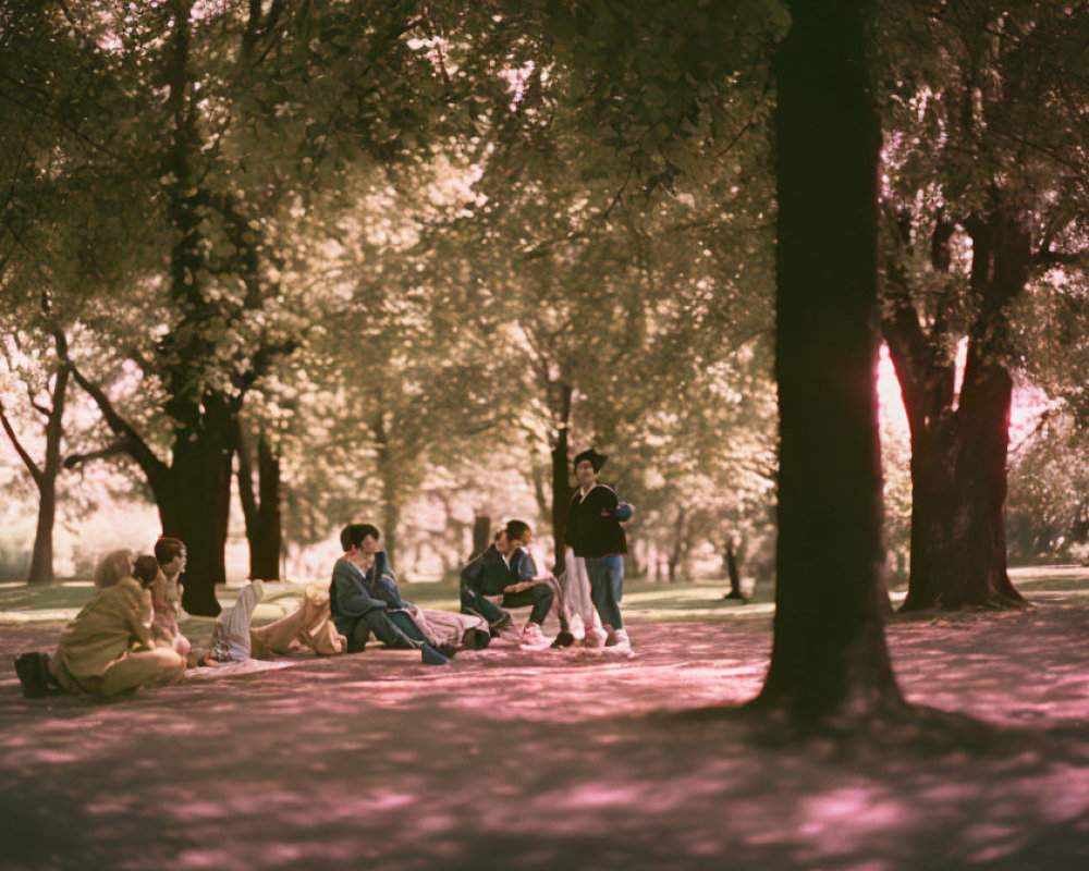 People socializing in a park under dappled sunlight