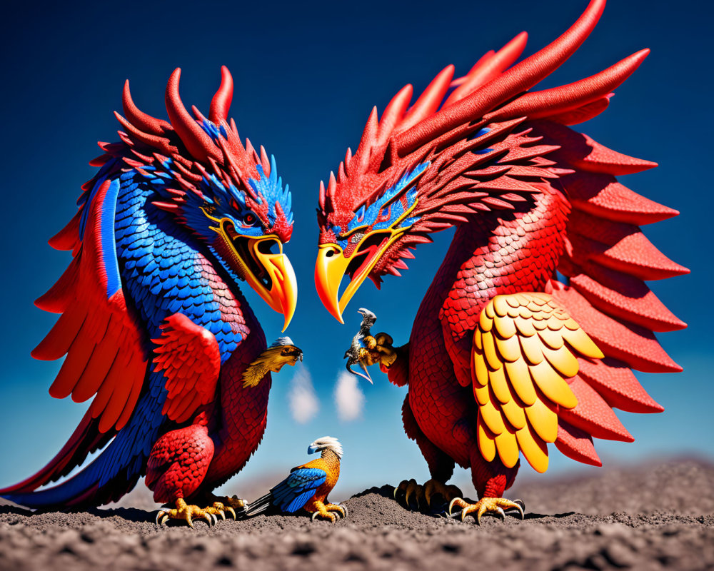 Vibrant red and blue mythical birds confront smaller bird in sky