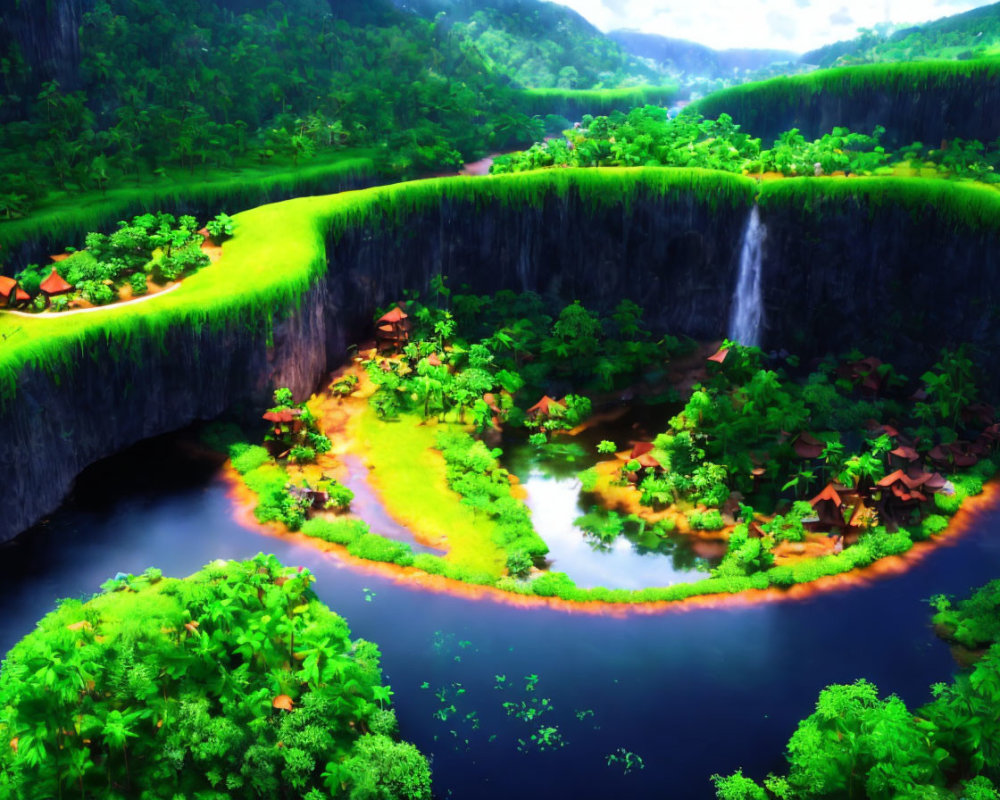 Digitally-created landscape: Village with thatched-roof houses, lush greenery, circular cliff,