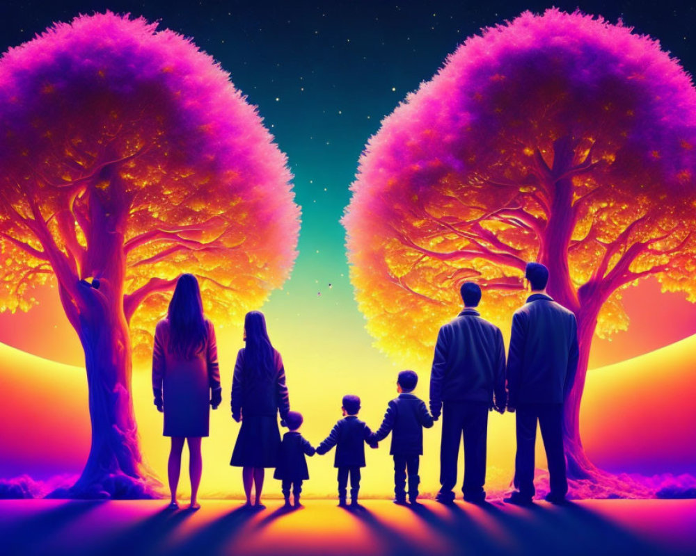 Family silhouette under starry sky between vibrant trees.