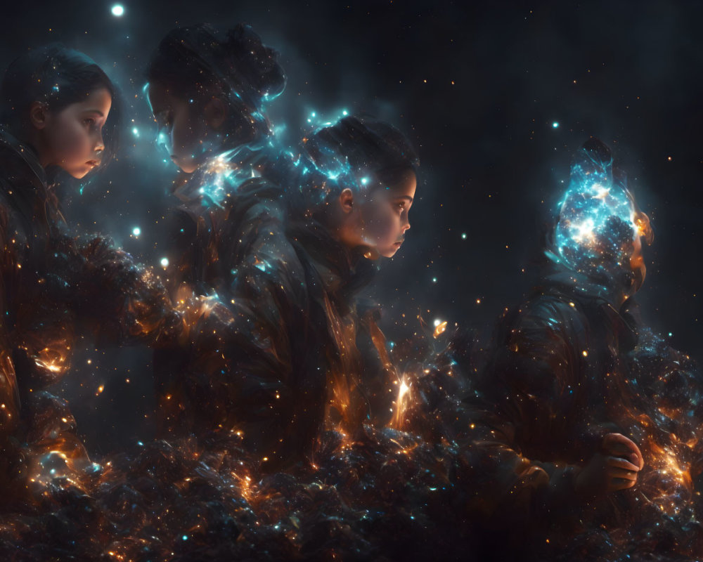 Cosmic-themed Human Figures Glowing in Stardust
